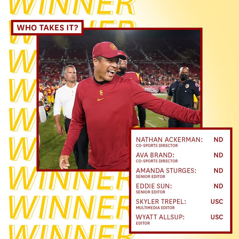 A graphic with editor predictions for who will win the USC game against Notre Dame with a photo of Donte Williams