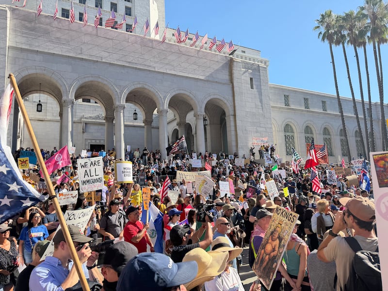 Demonstrators stand on the steps of the Los Angeles City Hall.