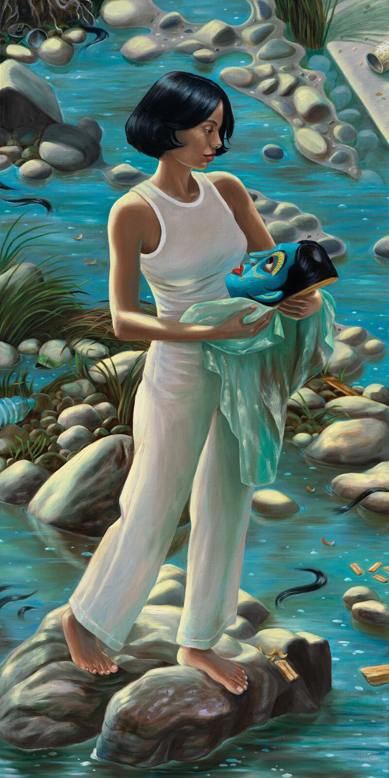 Photo of a woman in white walking on the stones over a stream