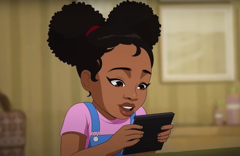 Young version of Megan Thee Stallion anime character marvels at a CD dressed in a pink t-shirt worn underneath blue overalls.