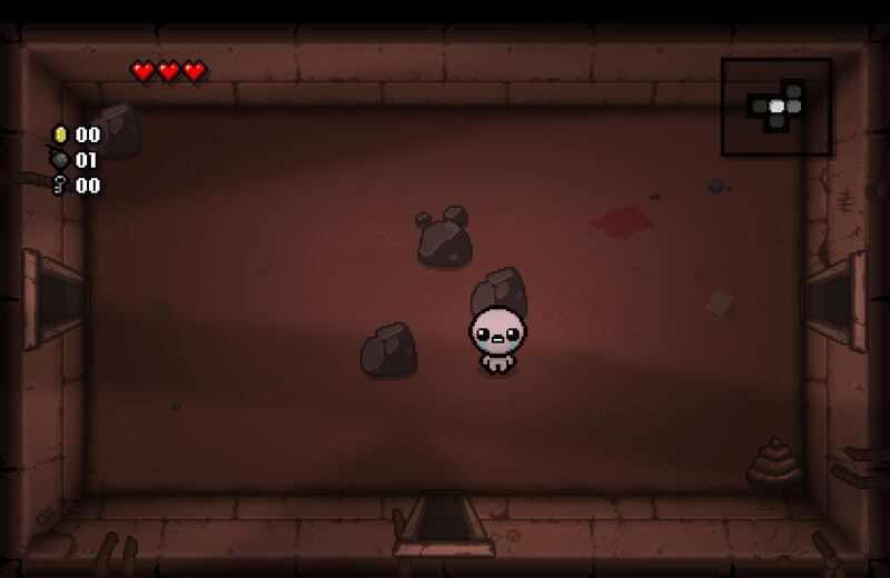 Gameplay capture of protagonist Isaac standing in a dungeon room.