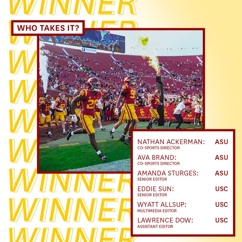 A graphic with predictions of who will win the USC-ASU game and a photo of USC players running onto the field