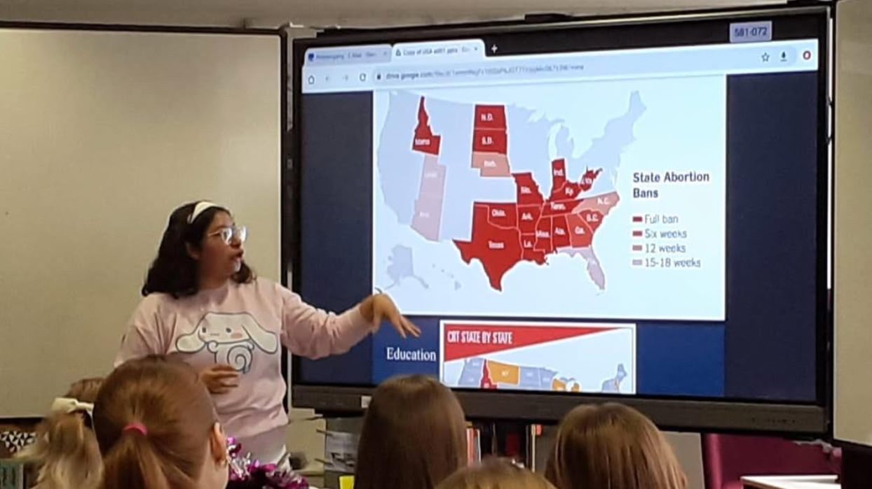 Norma Martinez explains a map of the United States to her class