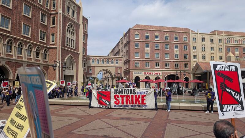 Photograph of janitors protesting alleged unfair labor practices at Aramark, a service worker company contracted by USC. 
(Photo by Aditya Thiyag).