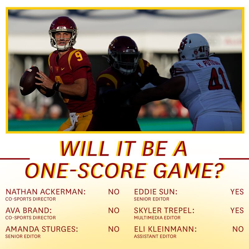 A photo of Kedon Slovis with editors' predictions of whether the USC-Notre Dame will be decided by one score