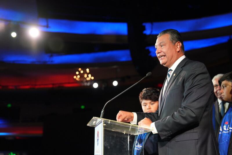 Senator Alex Padilla flanked by his family addresses the crowd at the Karen Bass watch party at the Hollywood Palladium. He was declared the winner of the California seat for the Senate. (Photo by Philip Salata)