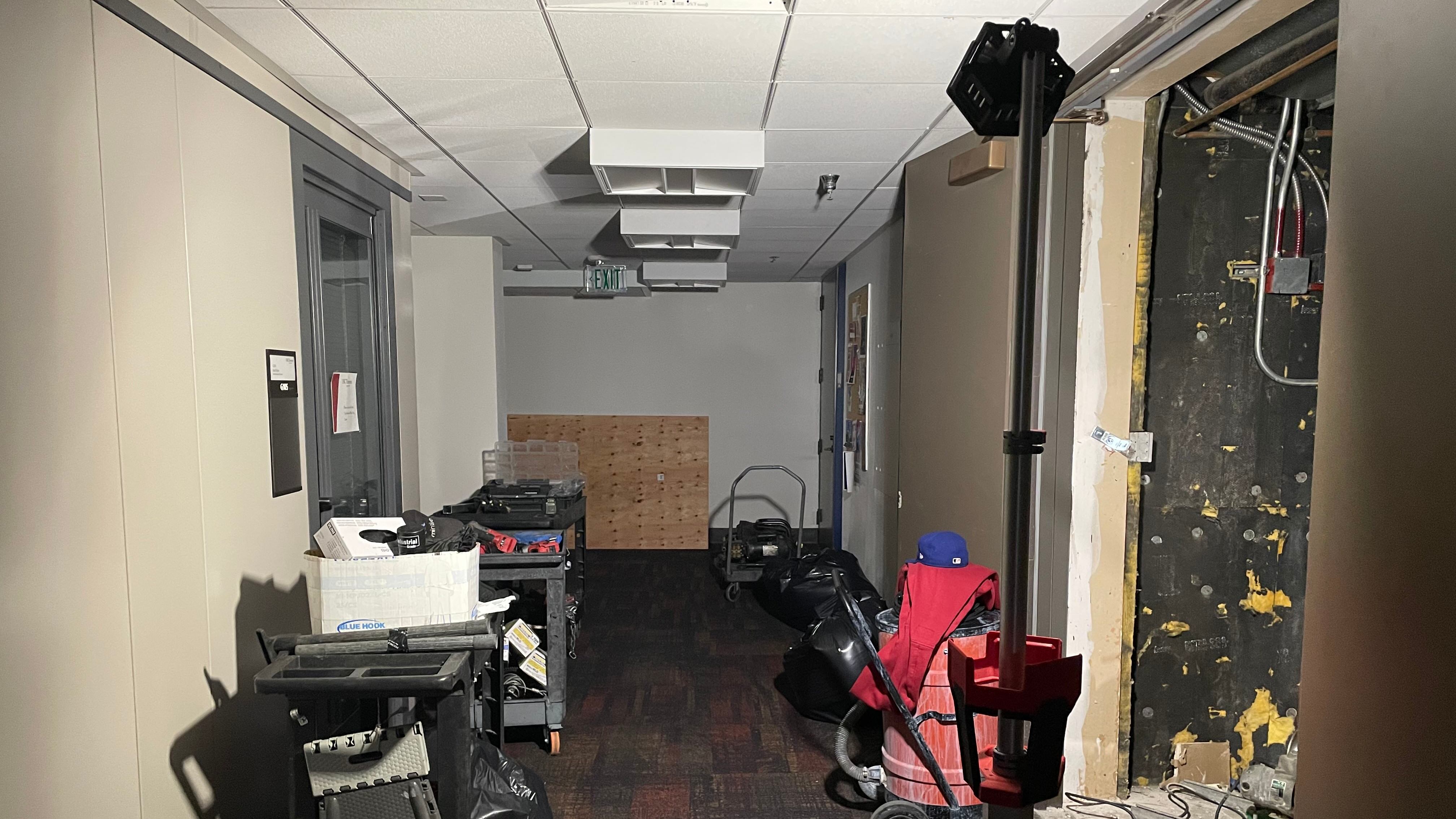 Equipment sits in the basement of the Thornton Music Complex after a flood led to the inability to use the facilities. (Photo by Peter Makk)