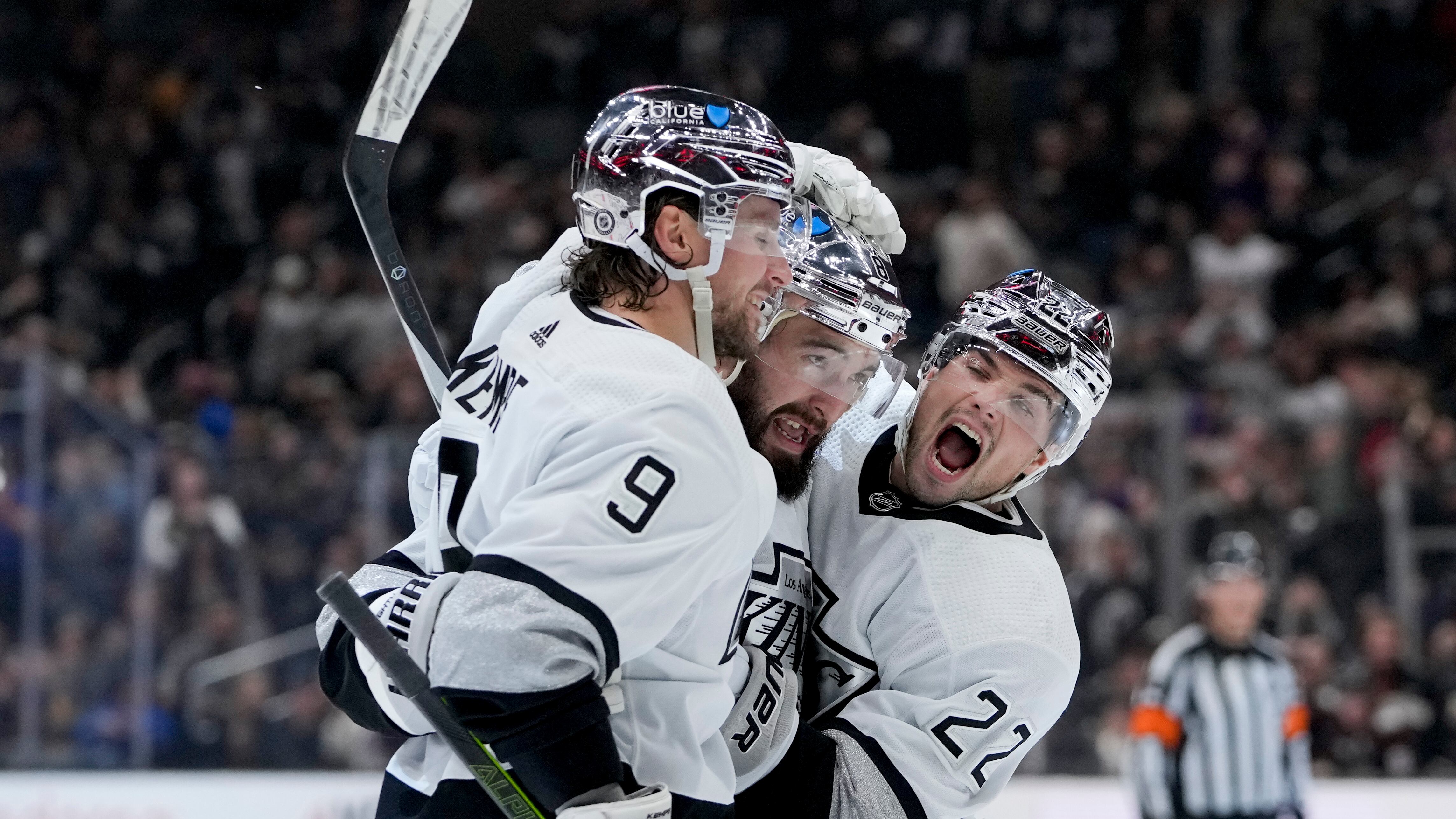 Los Angeles Kings defenseman Drew Doughty, center, celebrates his goal against the Anaheim Ducks with right wing Adrian Kempe, left, and left wing Kevin Fiala during the second period of an NHL hockey game Saturday, Feb. 24, 2024, in Los Angeles. (AP/Ryan Sun)