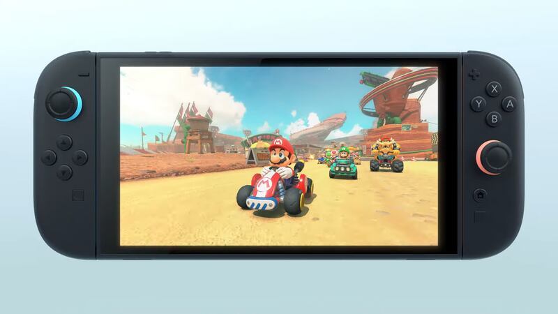 The Nintendo Switch 2 in tablet mode, with Mario Kart on screen.