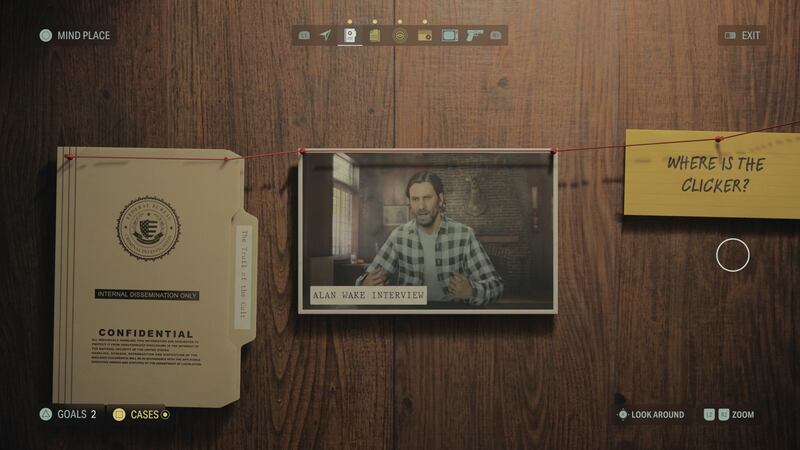 Video game screenshot of a file connected to a photo of a man connected to a note via string