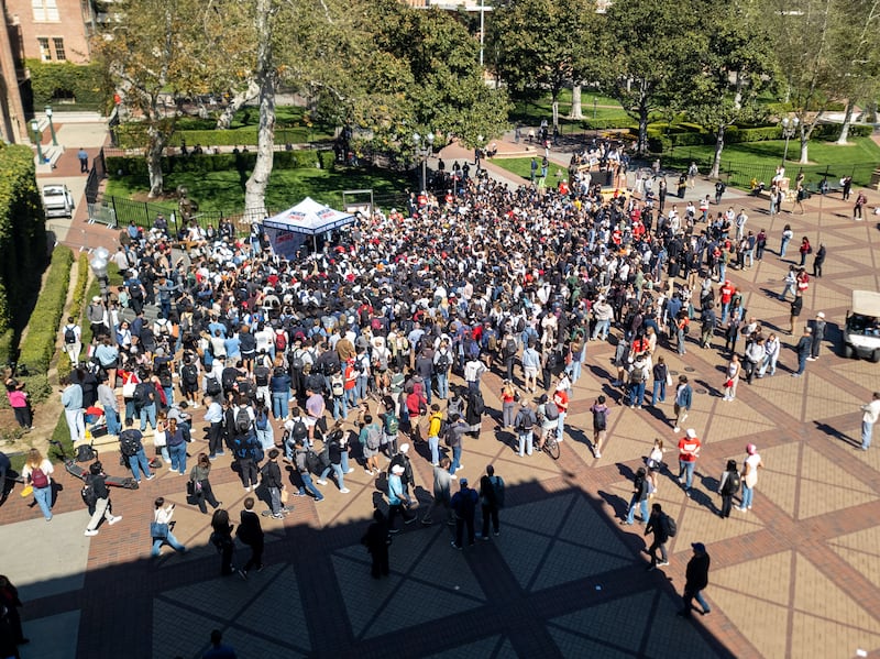 People attend an on-campus event at USC
