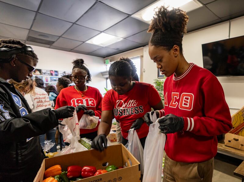Photo of three women and a man packing vegetables into bags for service