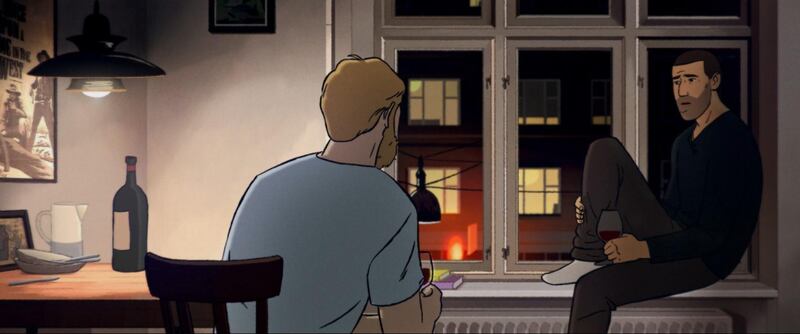 An illustration of two men in a room. One sits on a chair, facing another sitting on a windowsill.