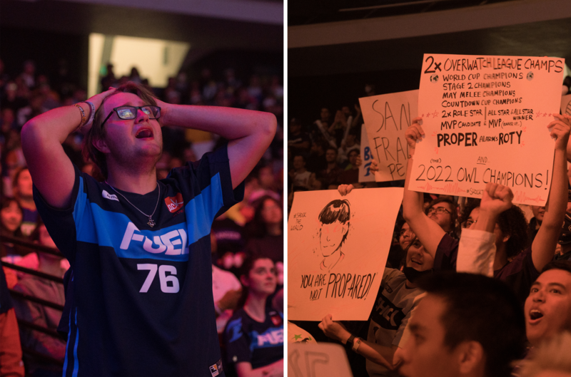 “Kill Proper please!” wailed Fuel fan Tyler Fletcher as Proper earned kill after kill, sending Shock fans into cheers. The Fuel trailed the Shock 2-3 after five maps in the best-of-7 series. “I didn’t come all the way from Texas to see the Fuel lose! They can definitely do it but they just need to kill Proper!,” Fletcher said, as he paced around the arena floor. (Photo by Michael Chow)