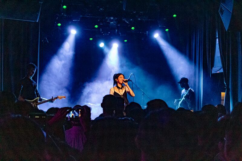 9m88 talks to the crowd at her sold-out show at the Echo about her previous visit to Los Angeles and the recording process of her first album. (Photo by Marissa Ding)