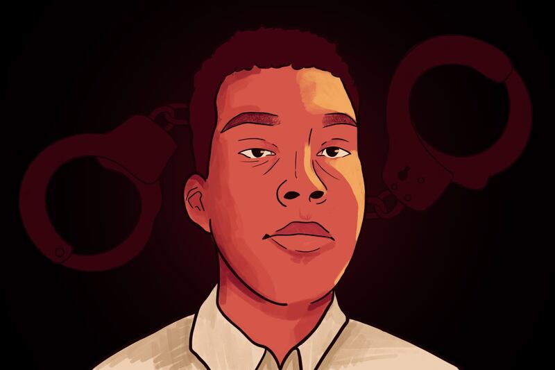 Illustration of a close up of Judah Adkins with handcuffs faintly in the background.