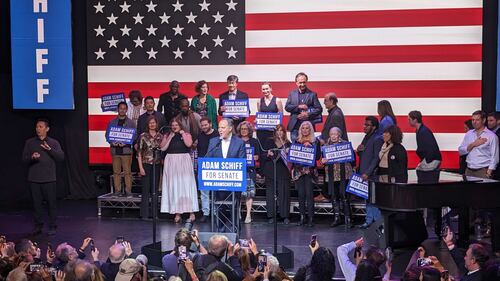 Adam Schiff thanks the crowd for their support along with those backing him.