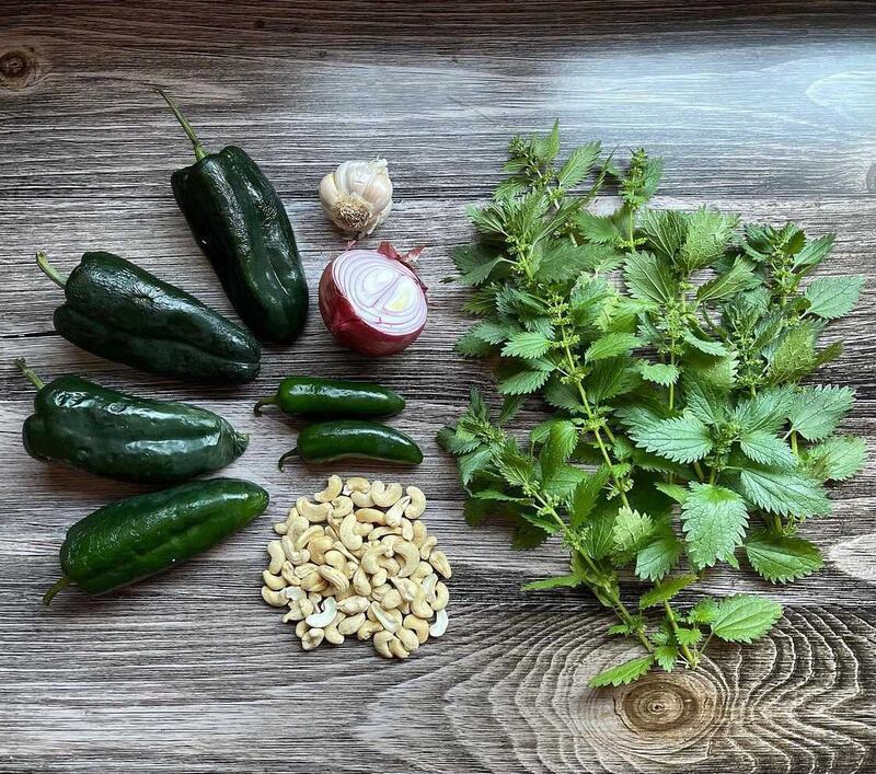 Photo of chiles, onions, garlic, cilantro, and  cashews