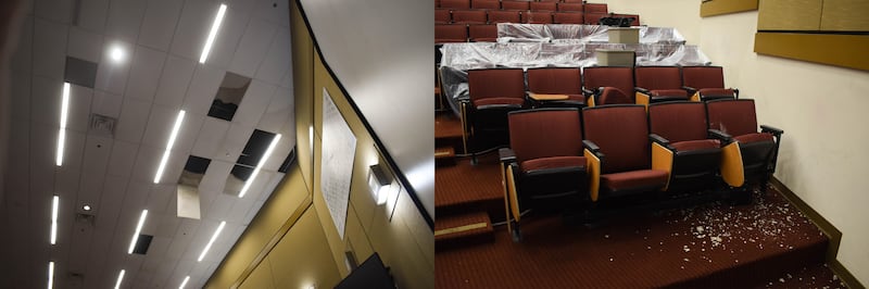 Photo diptych of the leaking roof and the preventative measures underneath.