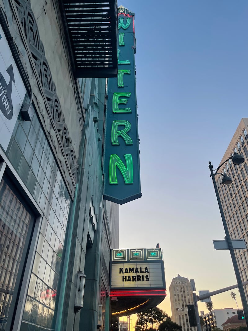 The Wiltern marquee ahead of Kamala Harris’ event.