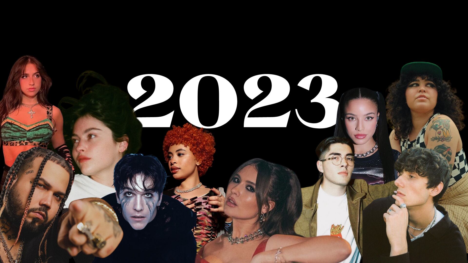 A collage that features photos from the 10 artists featured in the article with a black background and text that reads "2023."