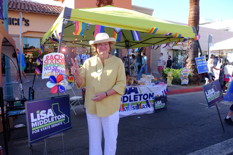 Middleton met LGBTQ voters at the Palm Springs Pride Parade on Nov. 3, 2024. (Photo by Parkin So)