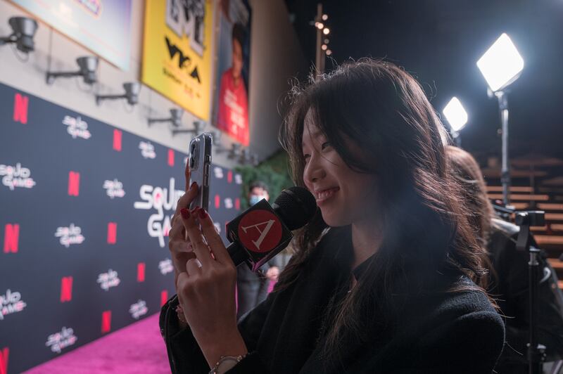 Multimedia Journalist Julia Kim after interviewing the cast of "Squid Game" at the Red Carpet event hosted by Netflix at NeueHouse Hollywood on 8 Nov 2021.
