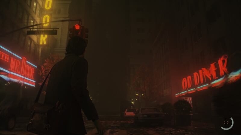 Video game screenshot of a man walking through a dark street under neon lights