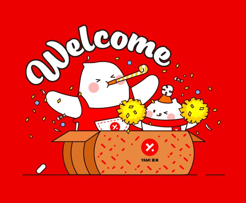 Artwork of two white mascots surrounded by confetti in a box that says "welcome"