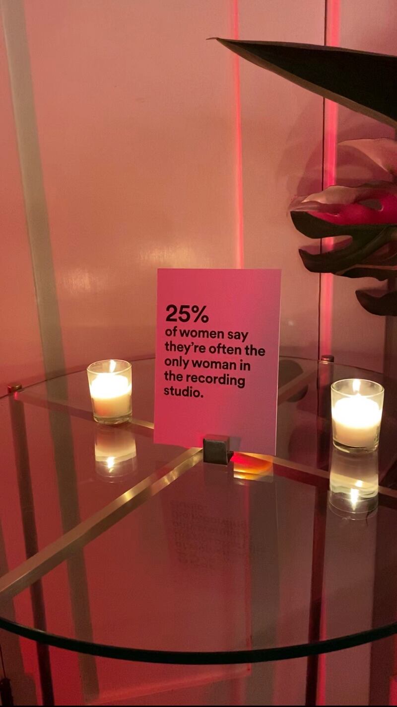 Photo of Placards of statistics placed around the Chateau Marmont at Spotify's Inclusion event.