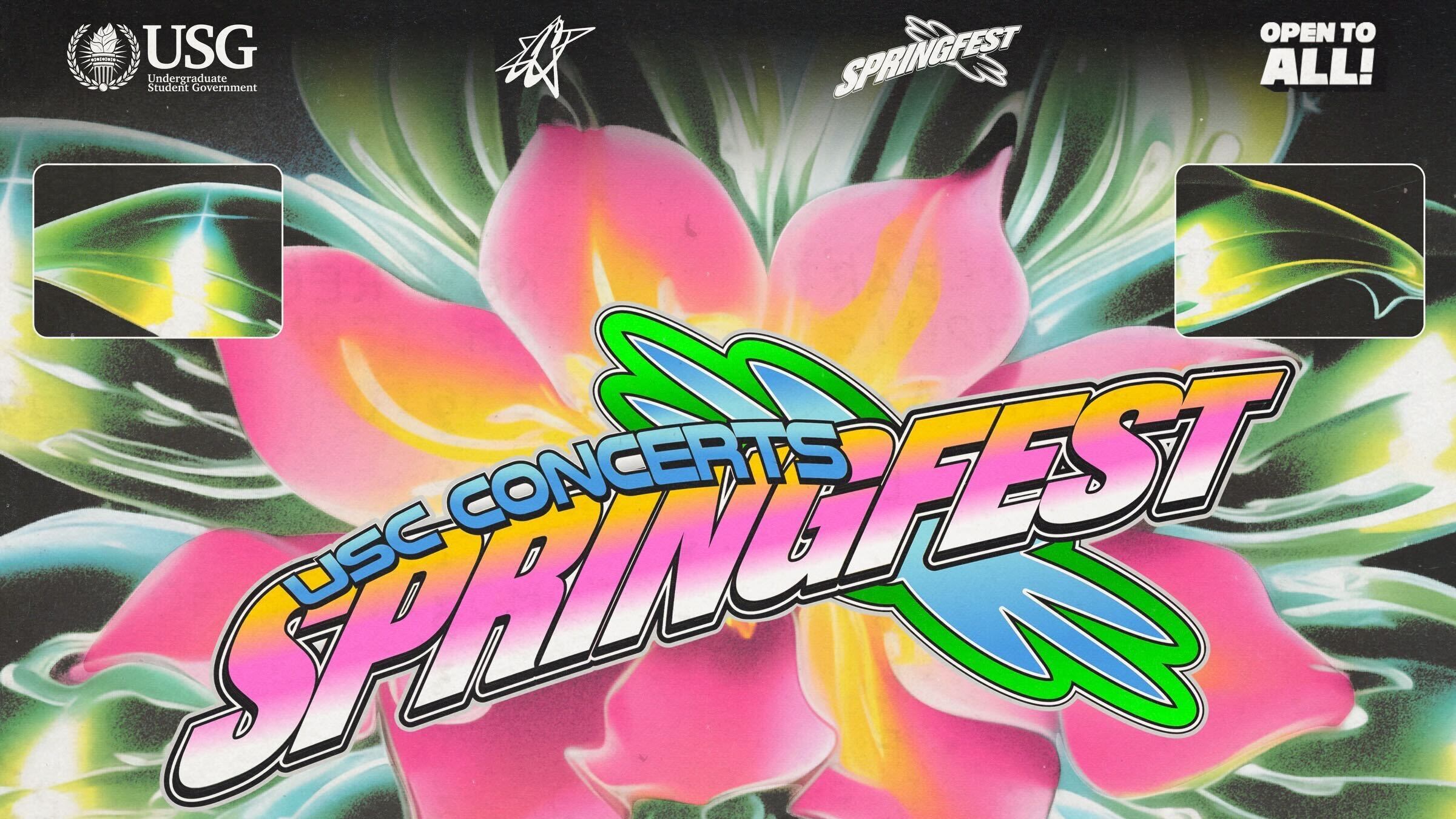 Yellow poster listing artists in pink writing.