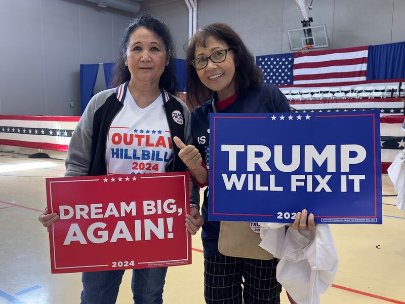Sisters Jennifer Balde (left) and Janette Jenkins (right) at a JD Vance rally at Whitney Recreation Center in Las Vegas. Nov 2, 2024.