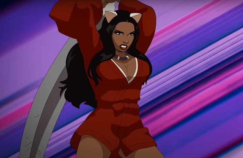 Megan Thee Stallion anime character wielding a sword in a red one-piece outfit.