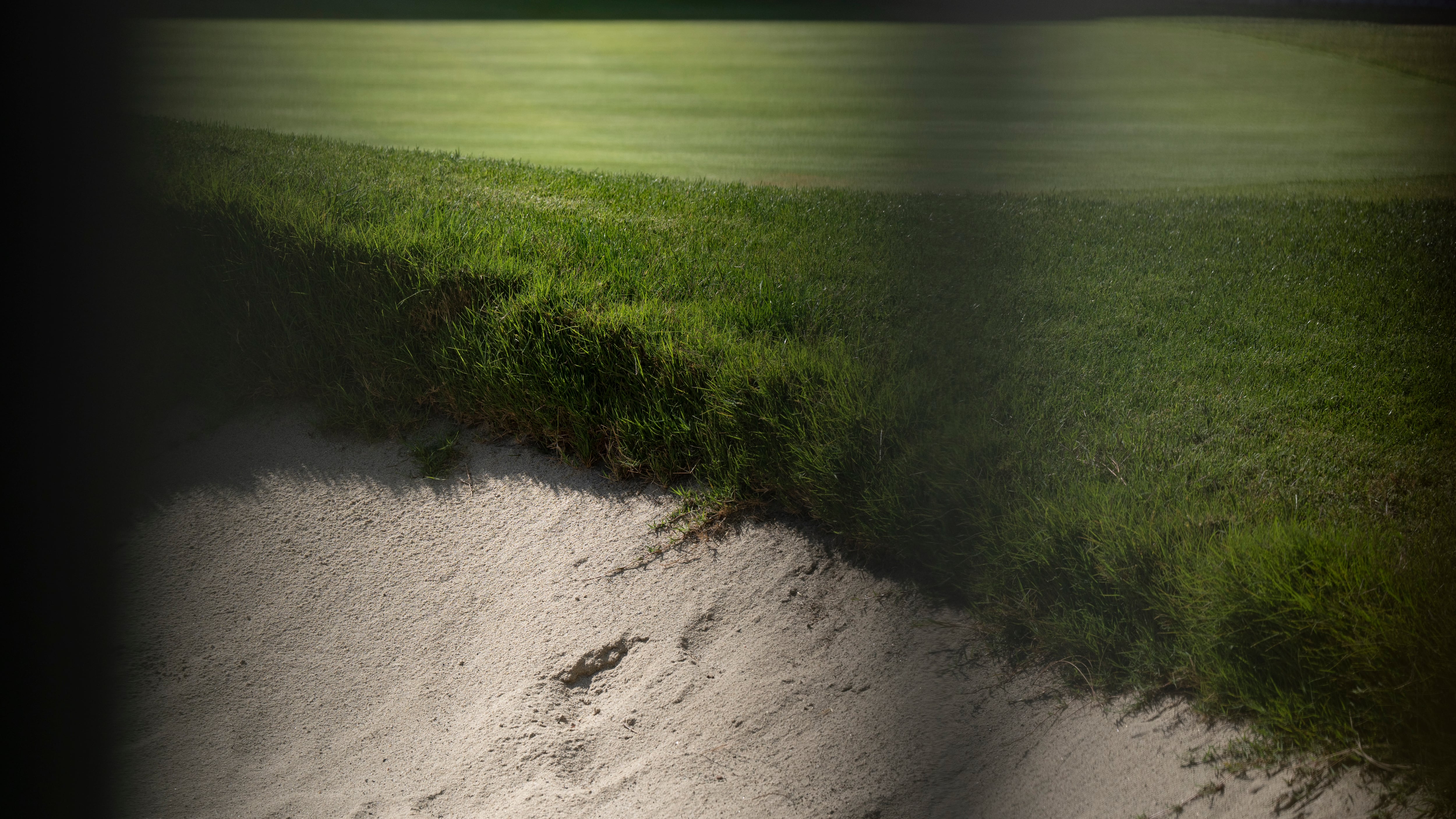 sand and grass behind chainlinked fence, putting green