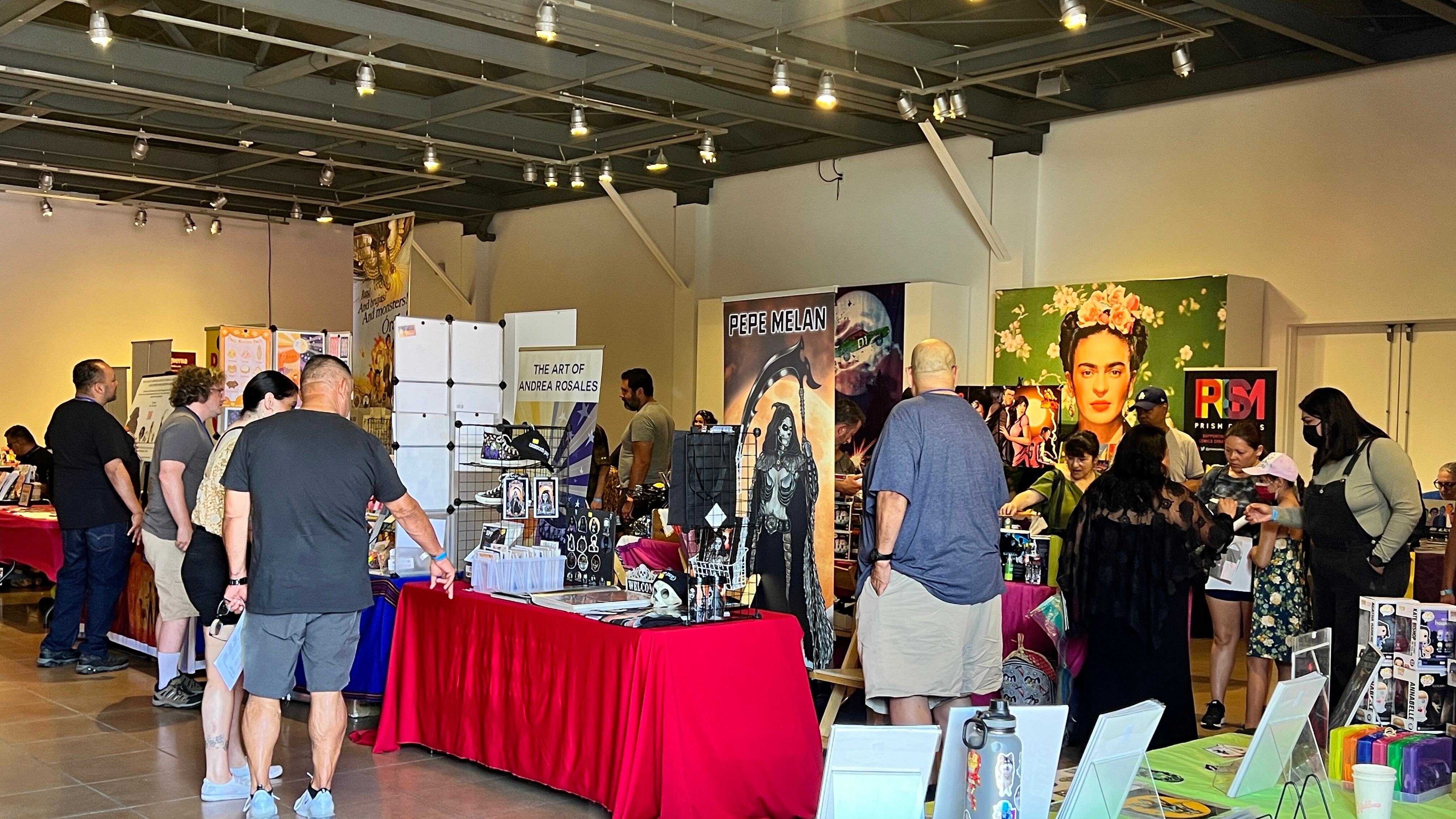 Photo of a crowd looking at art