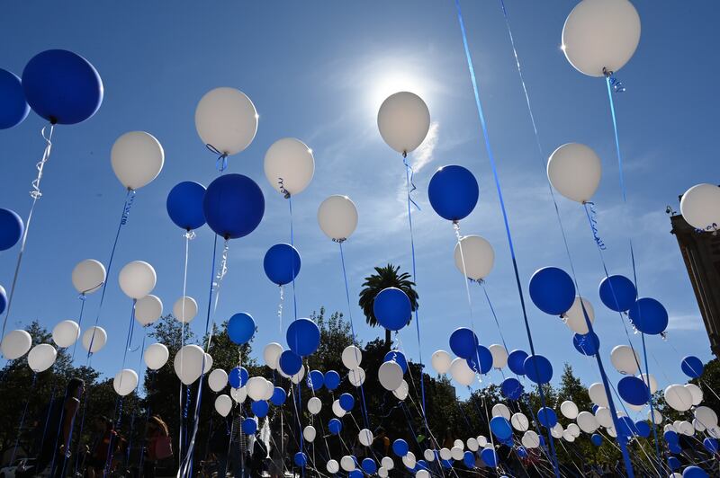 Photo of blue and white balloons