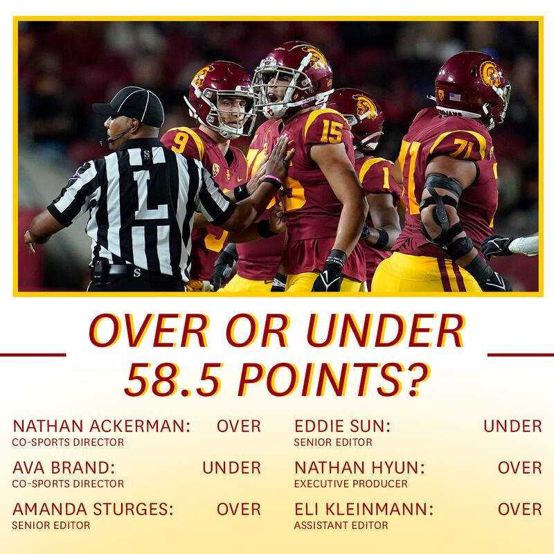 A graphic with a photo of USC's Drake London and predictions for the over/under against Notre Dame