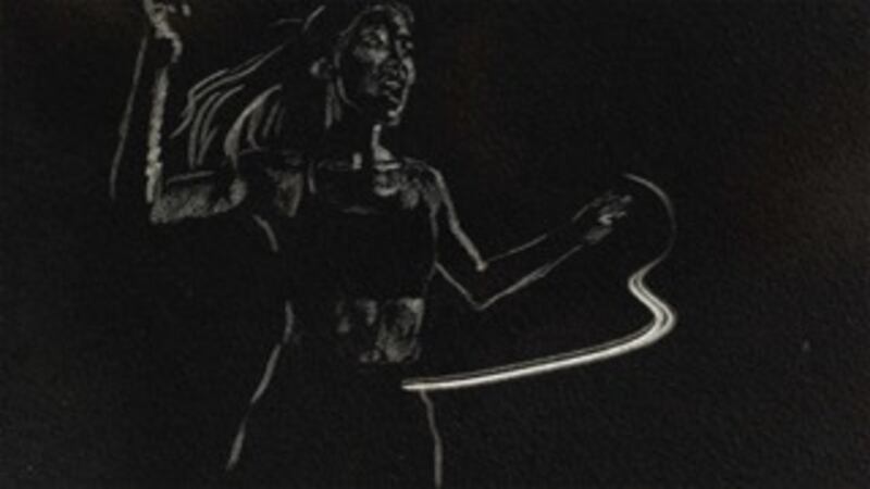 Film still of a person drawn with a style of sketching over a black background