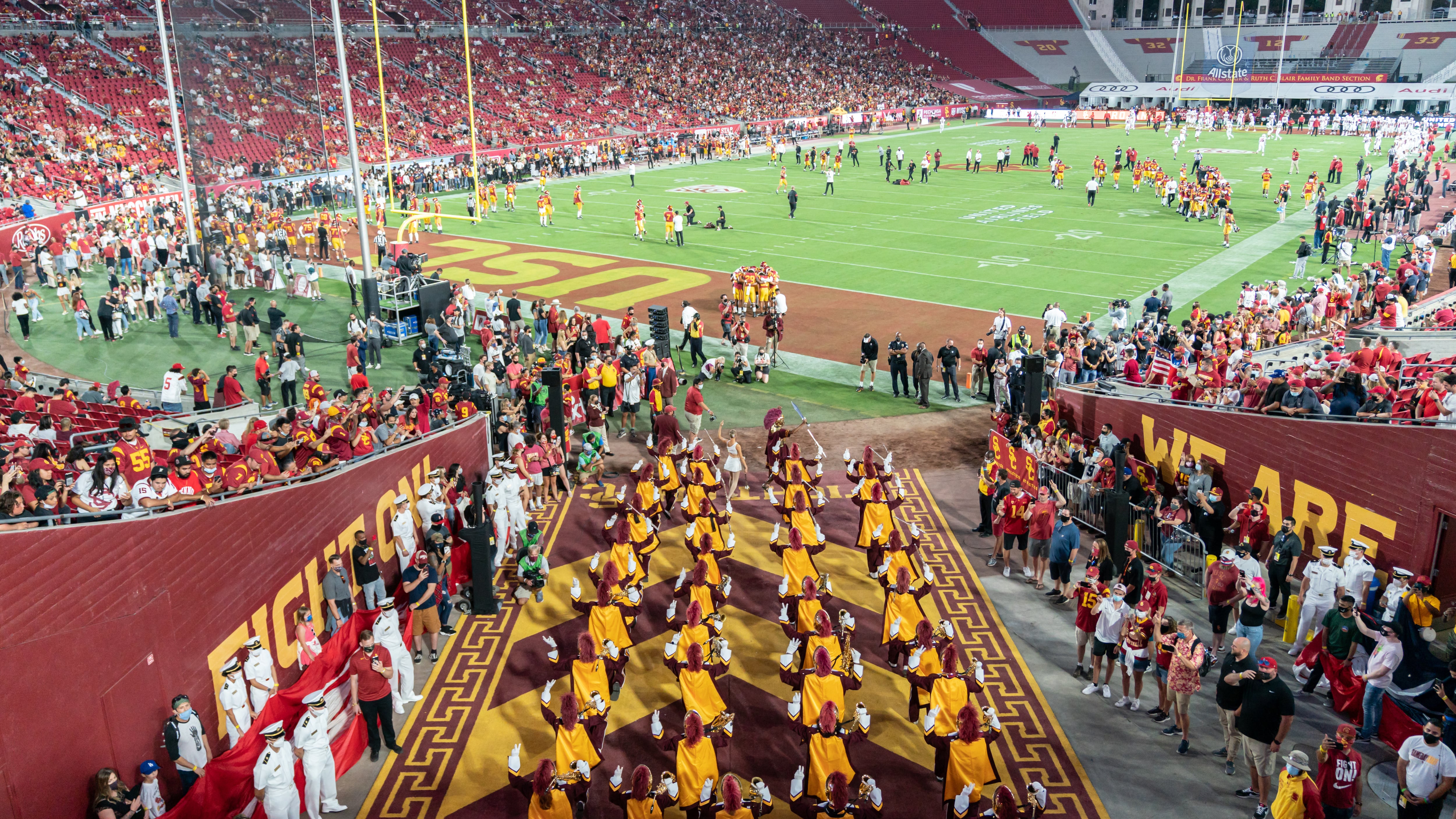 A photo of Trojan Marching Band members walking out of the tunnel before USC's Sept. 11 home game against Stanford.