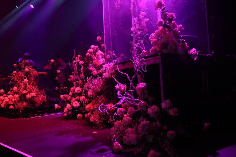 A photo of the flowers and the purple and red lights on the stage.
