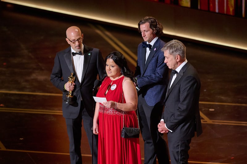 Gloria Cazares, Joshua Seftel, Steve Hartman, and Conall Jones accept the Oscar® for Documentary Short Film during the 98th Oscars® at the Dolby® Theatre at Ovation Hollywood on Sunday, March 15, 2026.