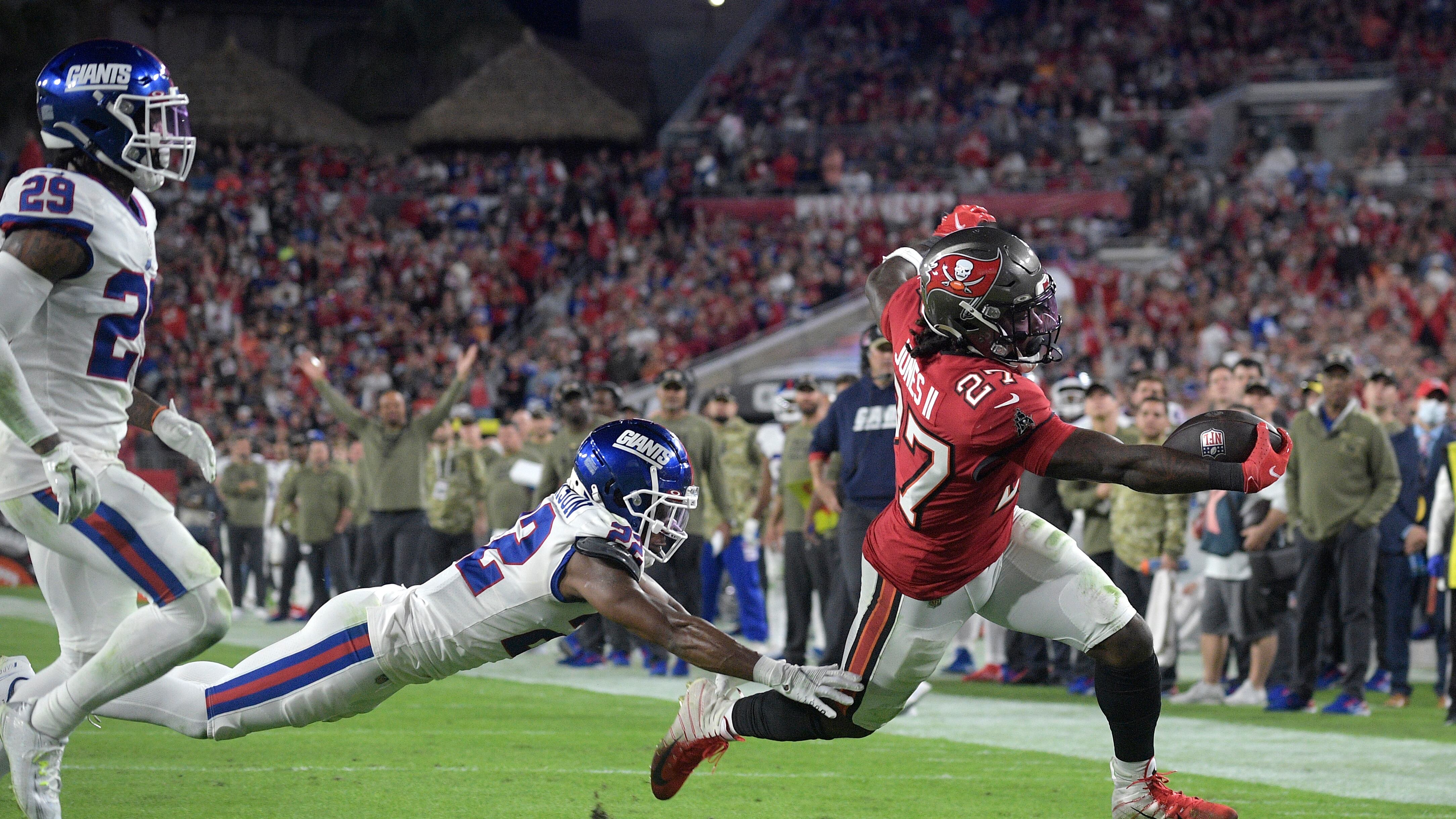 A photo of Tampa Bay Buccaneers running back Ronald Jones scoring a rushing touchdown
