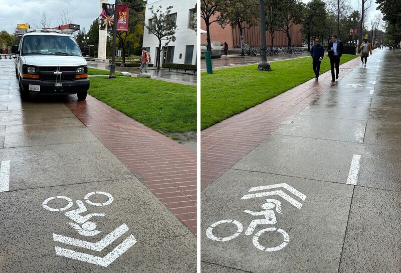 Bike lanes in campus blocked by vehicles and people. (Colin Maclay and Mike Ananny/USC).