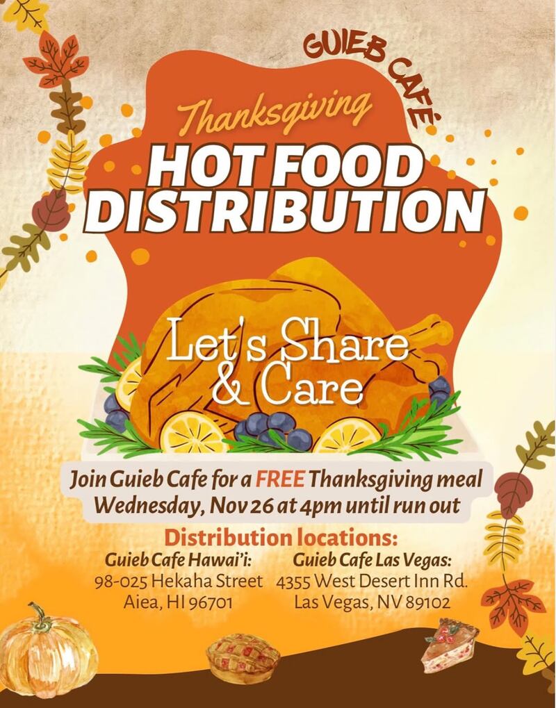 Guieb Cafe announcing their free hot Thanksgiving meal in both locations. (Photo courtesy of @guiebcafe and @guiebscatering on Instagram).