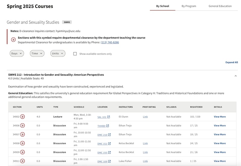The course details page for the Gender and Sexuality Studies classes in Spring 2025 still showed the specific classroom locations at the time. (Photo by Kally Yuan)