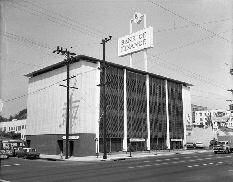"A black and white photo of the exterior of Granville's Bank of Finance."