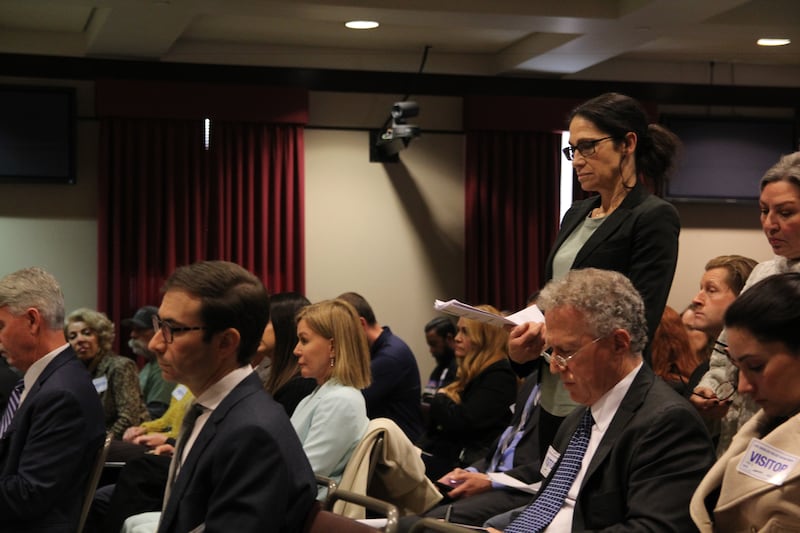 Timi Romolini, a legal researcher advising FumeFighters VNY, waits in line for public comment during special session convened by the Trade, Travel and Tourism Committee at Van Nuys City Hall on Feb. 8, 2024 (Photo by Shane Dimapanat)