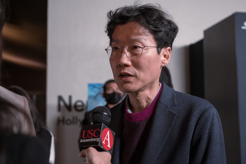 "Squid Game" director Hwang Dong-hyuk interviewed by Annenberg Media at the "Squid Game" Red Carpet  event hosted by Netflix at NeueHouse Hollywood on 8 Nov 2021