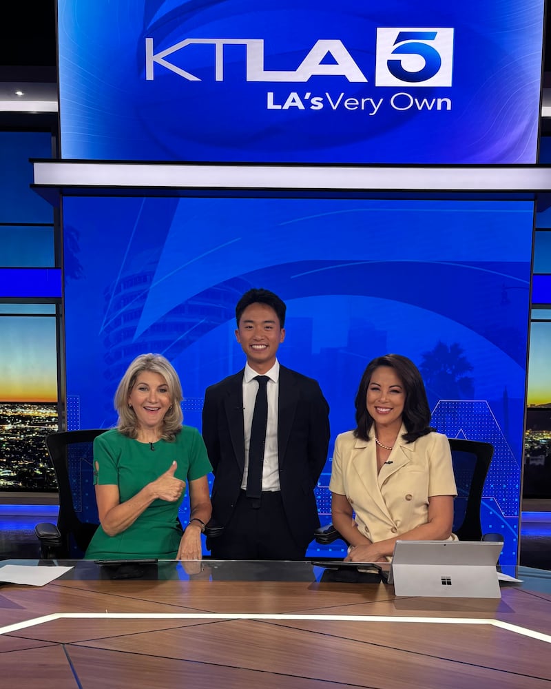 Chien, between Sandra Michell (left) and Cher Kalvin (right), was invited to speak on KTLA 5 following a story he wrote for L.A. Material, revealing that the city of Los Angeles issued nearly $1 million in bogus street sweeping tickets. (Photo courtesy of Tomo Chien.)