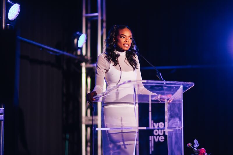 Candace Newman CEO and Founder of Live Out L!ve LA’s “Set the Stage: The Benefit Concert” on stage. (Photo Credit: Jorge Meza Photos and Kirk McClain Photography)